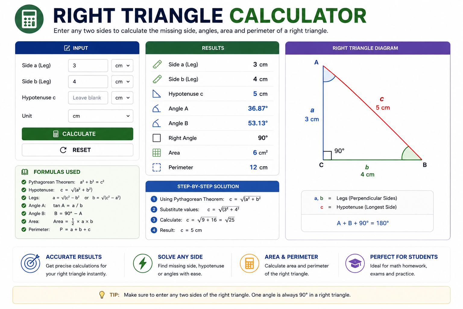 Right Triangle Calculator diagram and calculation